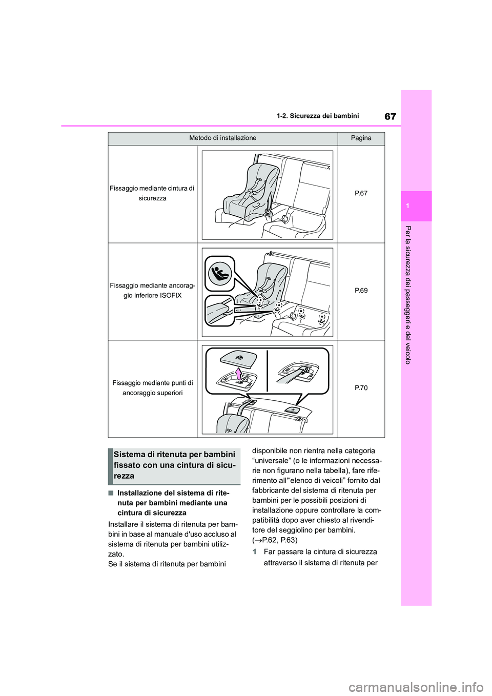 TOYOTA 86 2022 Manuale duso (in Italian) 67
1
1-2. Sicurezza dei bambini
Per la sicurezza dei passeggeri e del veicolo
■Installazione del sistema di rite-
nuta per bambini mediante una
cintura di sicurezza
Installare il sistema di rite TOYOTA 86 2022 Manuale duso (in Italian) 67
1
1-2. Sicurezza dei bambini
Per la sicurezza dei passeggeri e del veicolo
■Installazione del sistema di rite-
nuta per bambini mediante una
cintura di sicurezza
Installare il sistema di rite
