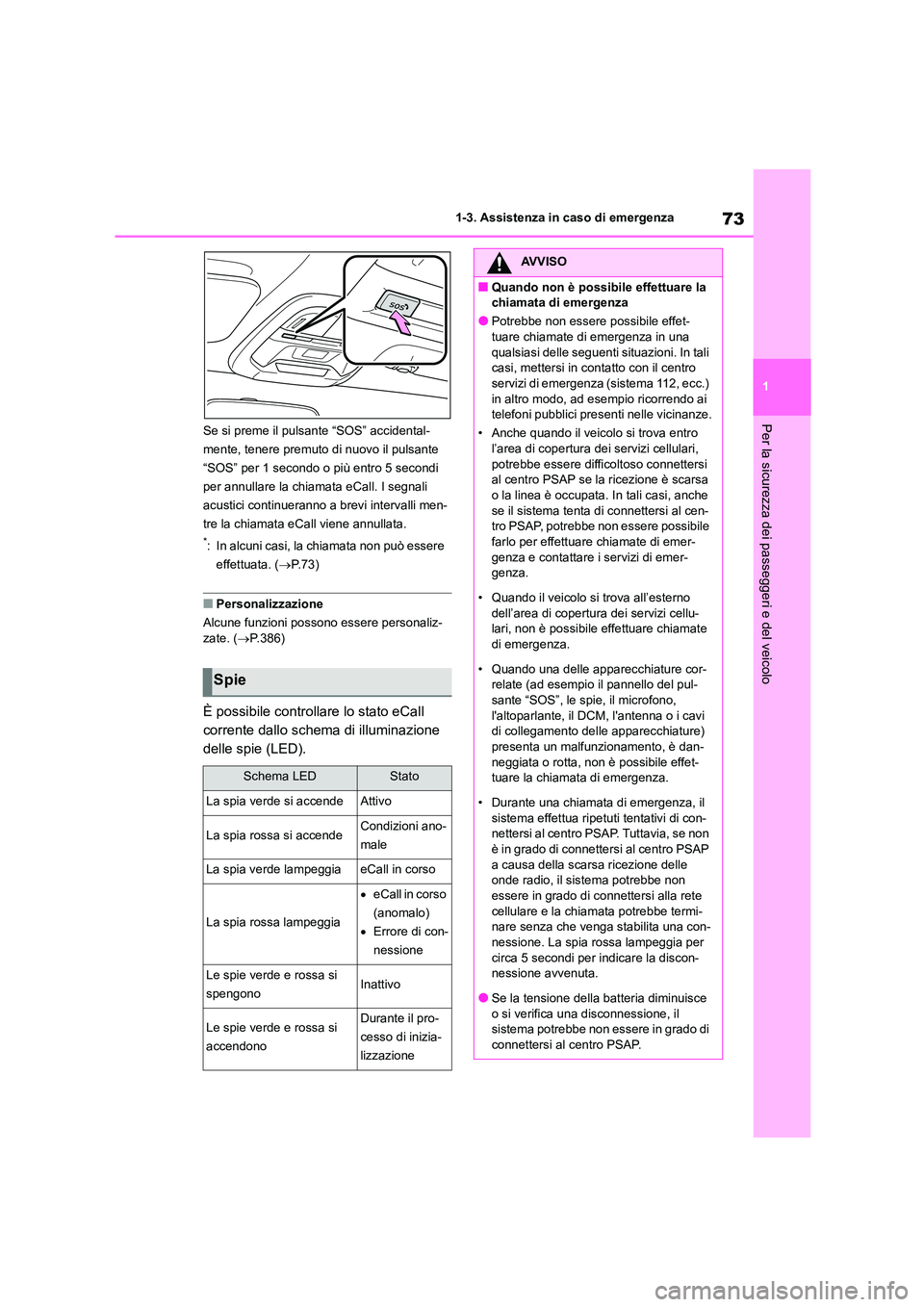 TOYOTA 86 2022 Manuale duso (in Italian) 73
1
1-3. Assistenza in caso di emergenza
Per la sicurezza dei passeggeri e del veicoloSe si preme il pulsante “SOS” accidental-
mente, tenere premuto di nuovo il pulsante
“SOS” per 1 secon TOYOTA 86 2022 Manuale duso (in Italian) 73
1
1-3. Assistenza in caso di emergenza
Per la sicurezza dei passeggeri e del veicoloSe si preme il pulsante “SOS” accidental-
mente, tenere premuto di nuovo il pulsante
“SOS” per 1 secon