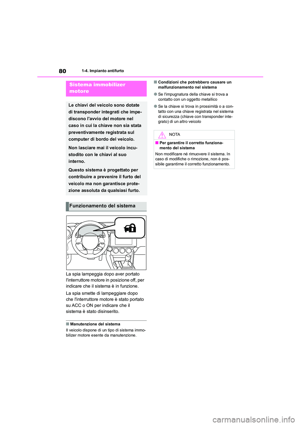 TOYOTA 86 2022 Manuale duso (in Italian) 801-4. Impianto antifurto
1-4.Impianto antifurto
La spia lampeggia dopo aver portato
linterruttore motore in posizione off, per
indicare che il sistema è in funzione.
La spia smette di lampeggia TOYOTA 86 2022 Manuale duso (in Italian) 801-4. Impianto antifurto
1-4.Impianto antifurto
La spia lampeggia dopo aver portato
linterruttore motore in posizione off, per
indicare che il sistema è in funzione.
La spia smette di lampeggia