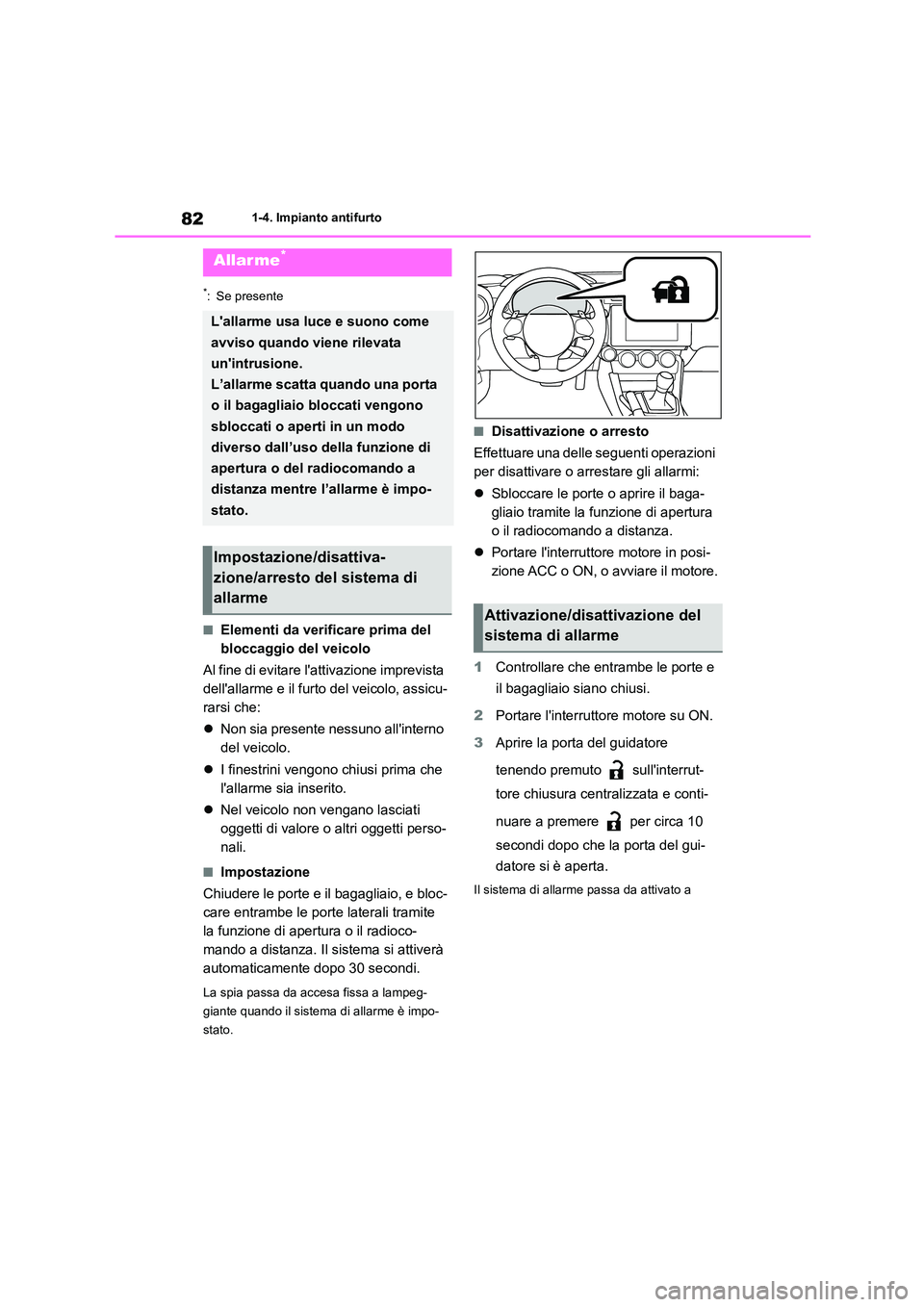 TOYOTA 86 2022 Manuale duso (in Italian) 821-4. Impianto antifurto
*: Se presente
■Elementi da verificare prima del
bloccaggio del veicolo
Al fine di evitare lattivazione imprevista
dellallarme e il furto del veicolo, assicu-
rarsi TOYOTA 86 2022 Manuale duso (in Italian) 821-4. Impianto antifurto
*: Se presente
■Elementi da verificare prima del
bloccaggio del veicolo
Al fine di evitare lattivazione imprevista
dellallarme e il furto del veicolo, assicu-
rarsi