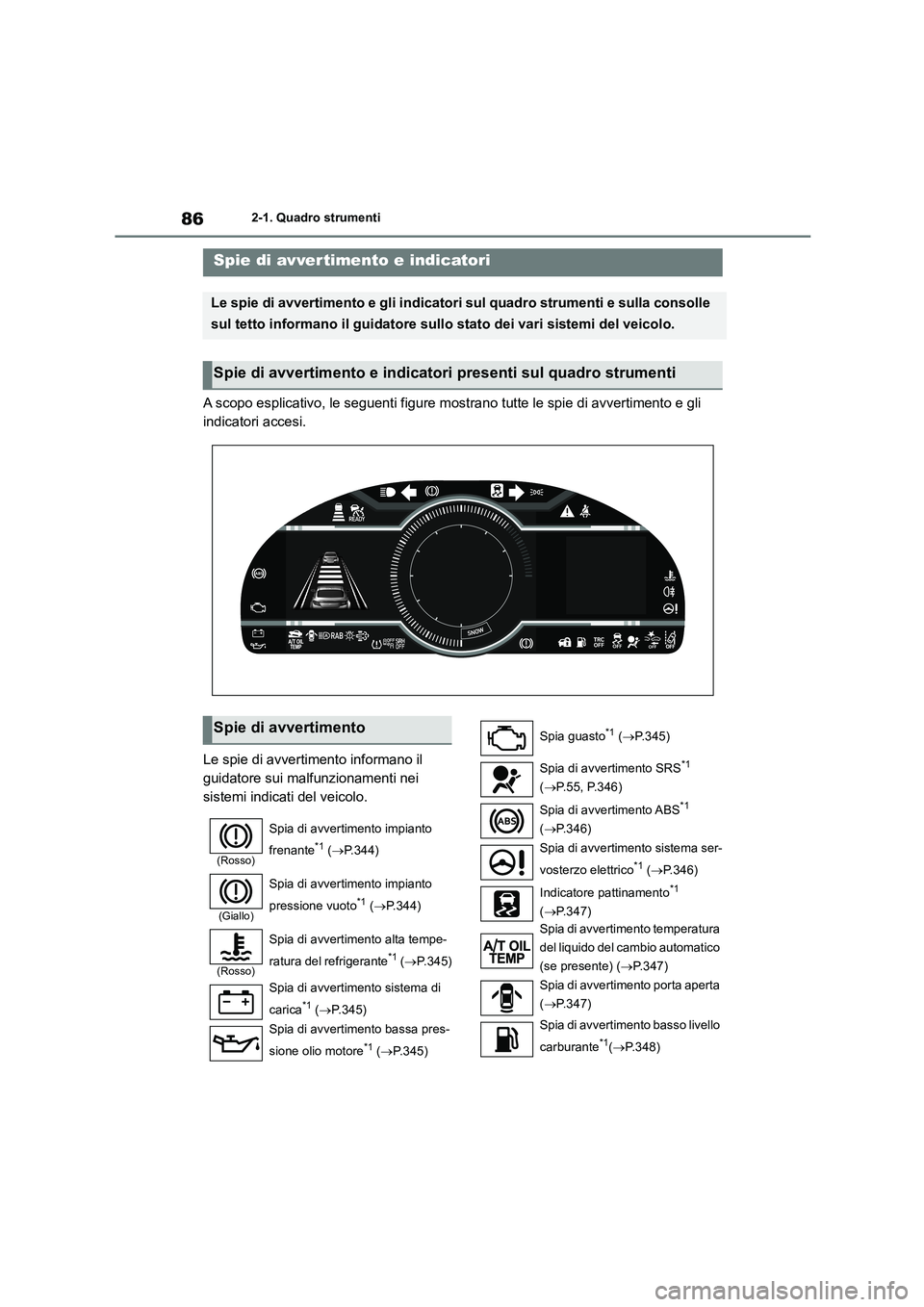 TOYOTA 86 2022 Manuale duso (in Italian) 862-1. Quadro strumenti
2-1.Quadro strumenti
A scopo esplicativo, le seguenti figure mostrano tutte le spie di avvertimento e gli
indicatori accesi.
Le spie di avvertimento informano il
guidatore TOYOTA 86 2022 Manuale duso (in Italian) 862-1. Quadro strumenti
2-1.Quadro strumenti
A scopo esplicativo, le seguenti figure mostrano tutte le spie di avvertimento e gli
indicatori accesi.
Le spie di avvertimento informano il
guidatore
