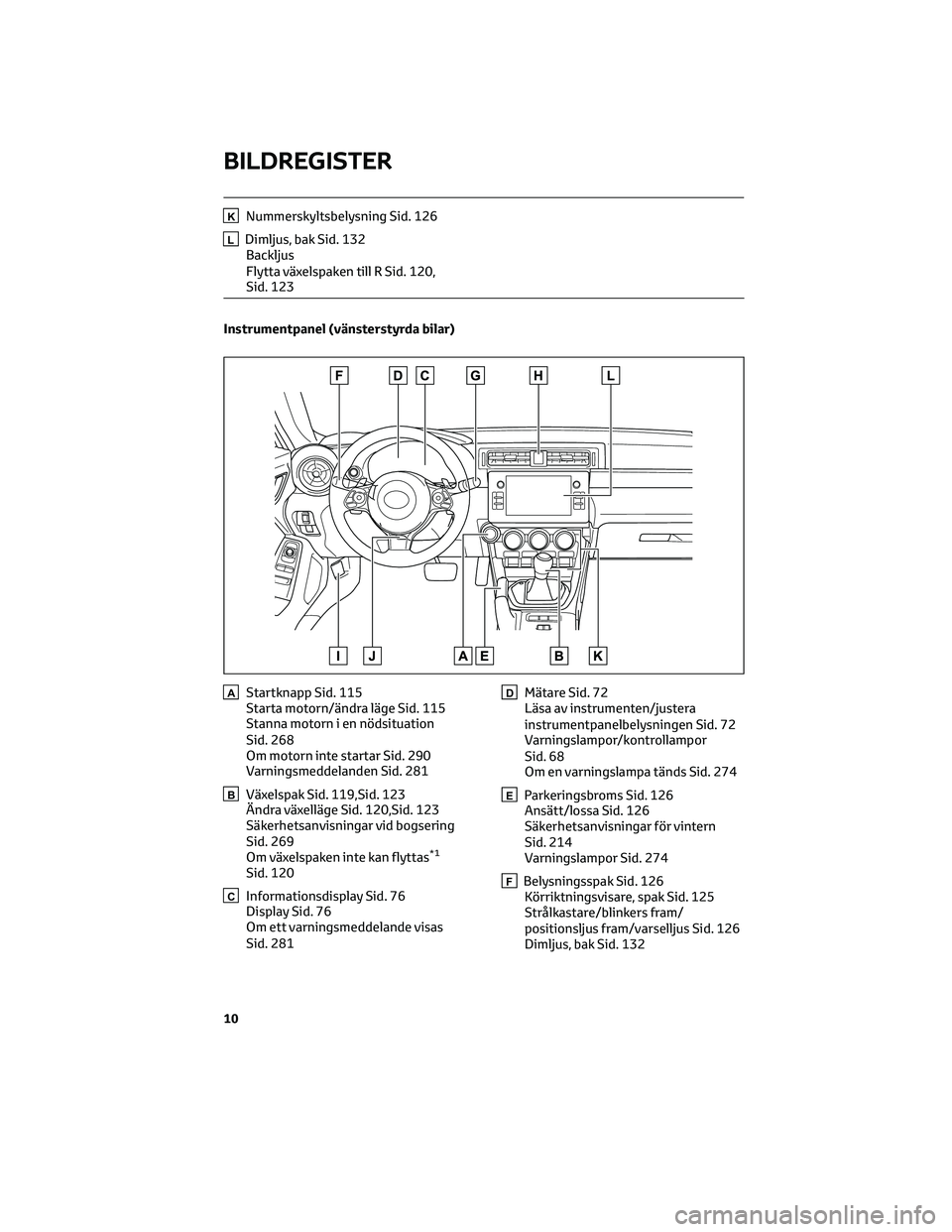 TOYOTA 86 2022  Bruksanvisningar (in Swedish) KNummerskyltsbelysning Sid. 126
LDimljus, bak Sid. 132
Backljus
Flytta växelspaken till R Sid. 120,
Sid. 123
Instrumentpanel (vänsterstyrda bilar)
AStartknapp Sid. 115
Starta motorn/ändra läge Sid