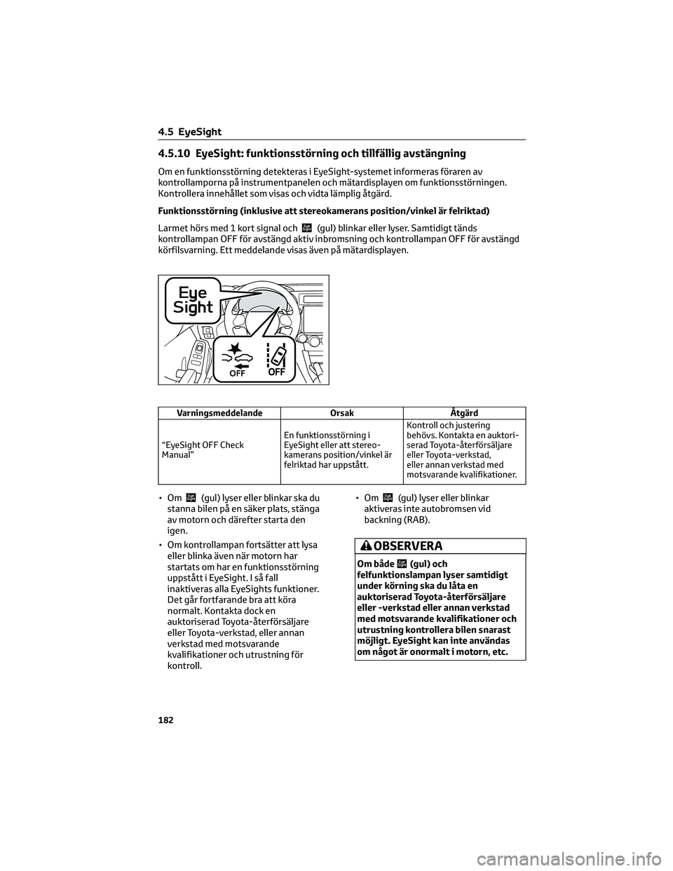TOYOTA 86 2022  Bruksanvisningar (in Swedish) 4.5.10 EyeSight: funktionsstörning och tillfällig avstängning
Om en funktionsstörning detekteras i EyeSight-systemet informeras föraren av
kontrollamporna på instrumentpanelen och mätardisplaye