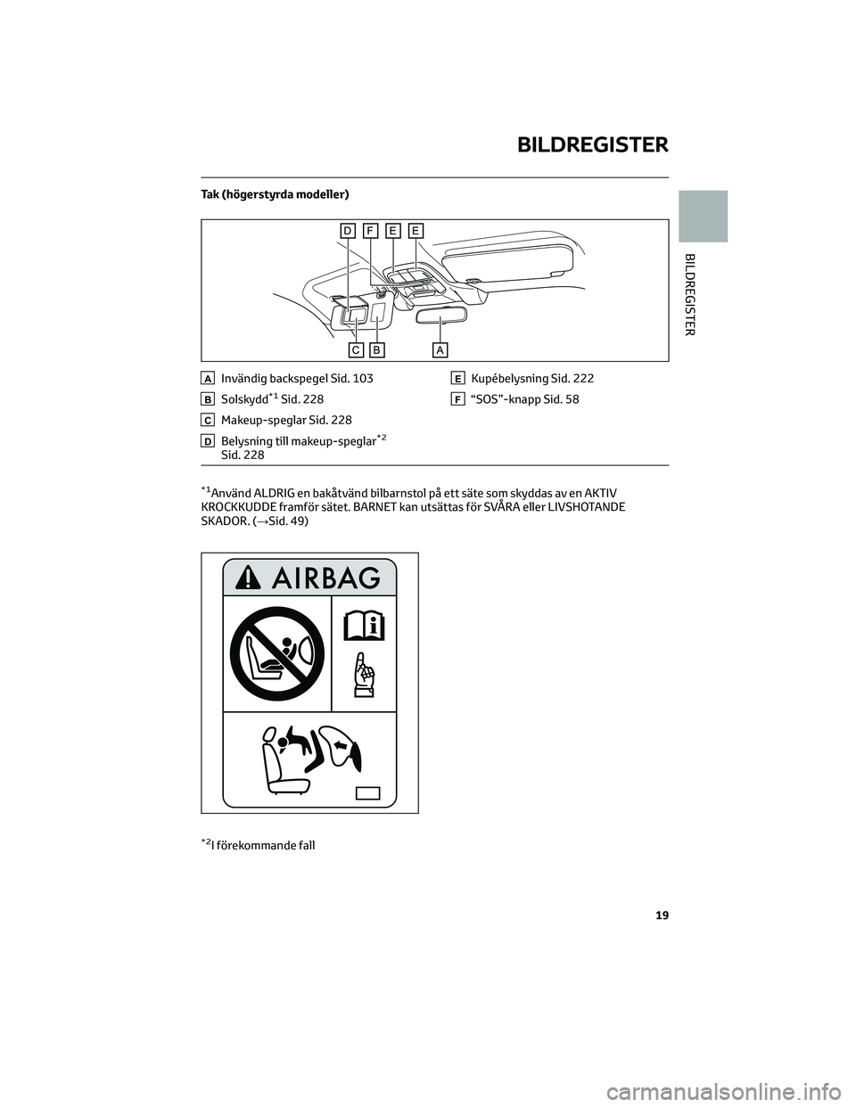 TOYOTA 86 2022  Bruksanvisningar (in Swedish) Tak (högerstyrda modeller)
AInvändig backspegel Sid. 103
BSolskydd*1Sid. 228
CMakeup-speglar Sid. 228
DBelysning till makeup-speglar*2
Sid. 228
EKupébelysning Sid. 222
F“SOS”-knapp Sid. 58
*1An
