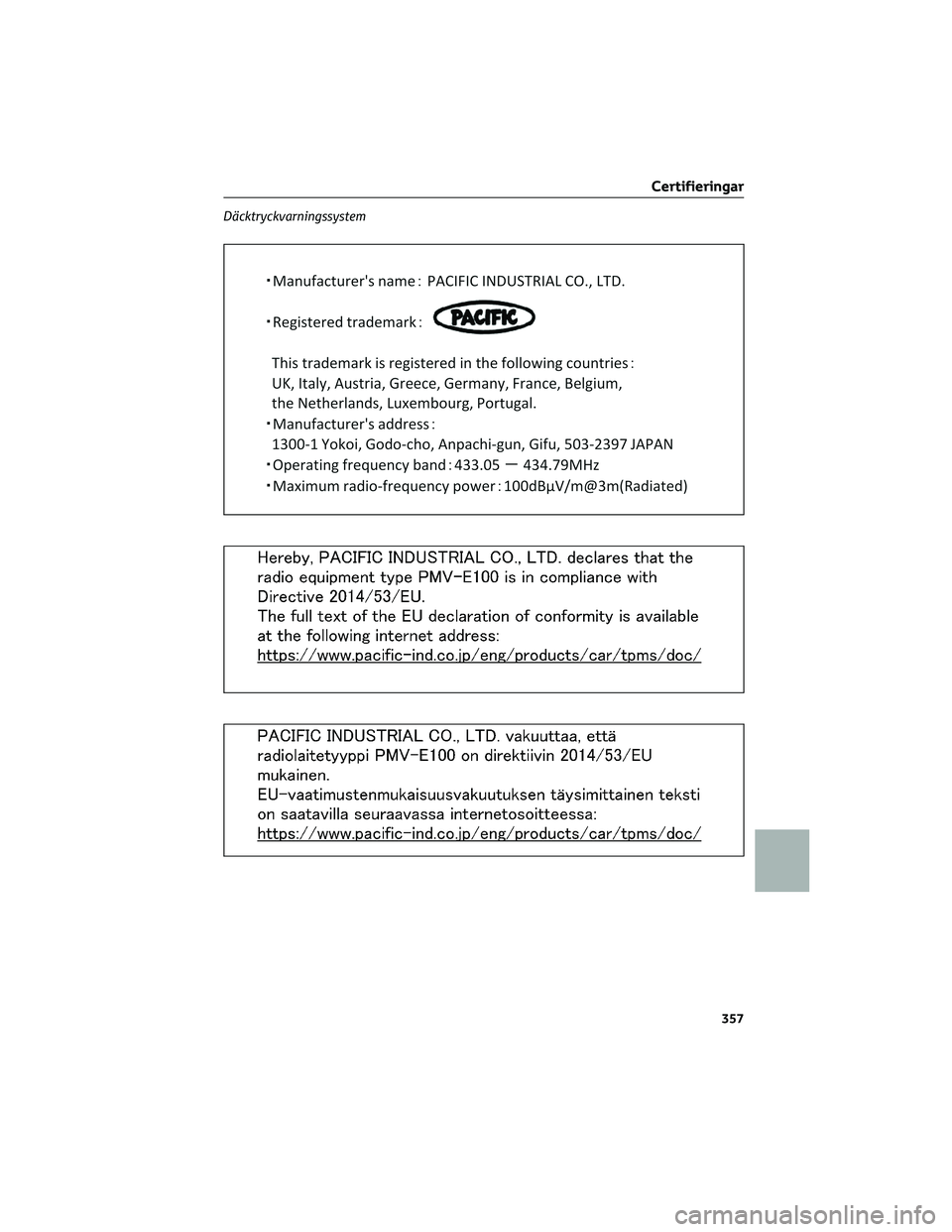 TOYOTA 86 2022  Bruksanvisningar (in Swedish) Däcktryckvarningssystem
Certifieringar
357 