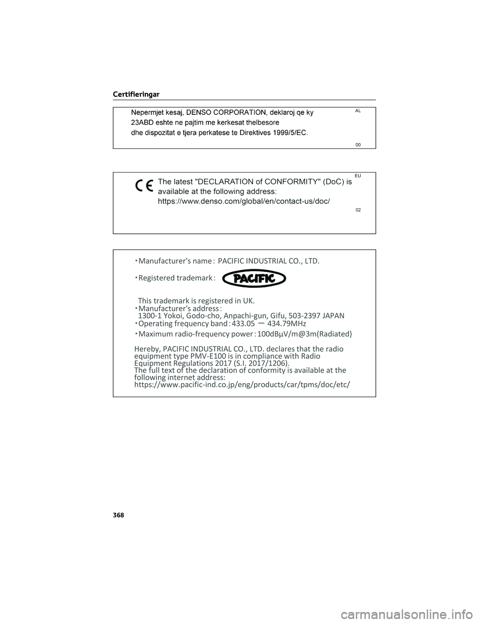 TOYOTA 86 2022  Bruksanvisningar (in Swedish) Certifieringar
368 