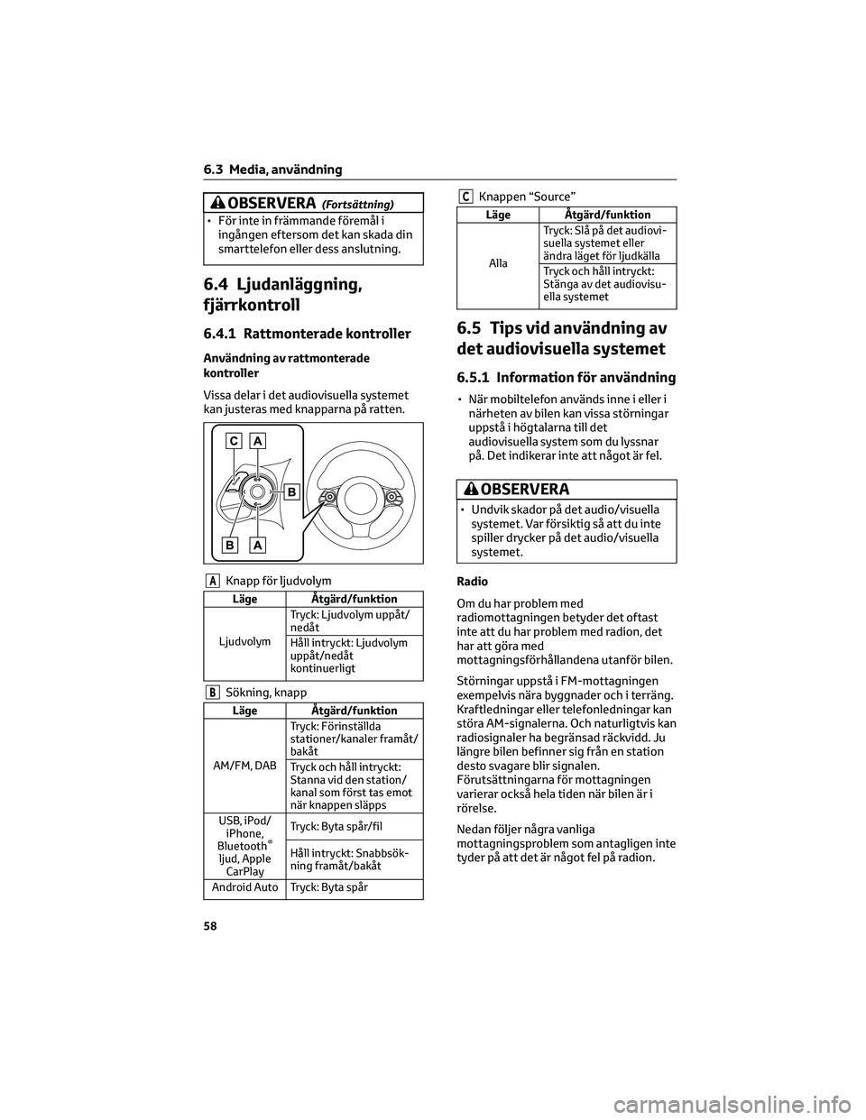 TOYOTA 86 2022  Bruksanvisningar (in Swedish) OBSERVERA(Fortsättning)
• För inte in främmande föremål i
ingången eftersom det kan skada din
smarttelefon eller dess anslutning.
6.4 Ljudanläggning,
fjärrkontroll
6.4.1 Rattmonterade kontro
