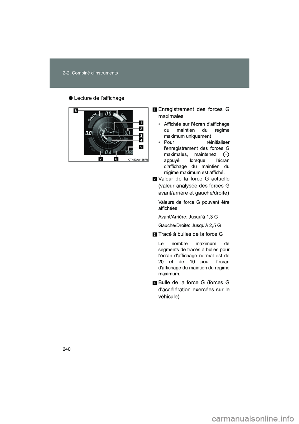 TOYOTA 86 2018  Manuel du propriétaire (in French) 240 2-2. Combiné dinstruments
86_D (OM18086D)●
Lecture de l’affichage
Enregistrement des forces G
maximales
• Affichée sur lécran daffichagedu maintien du régime
maximum uniquement
• Po