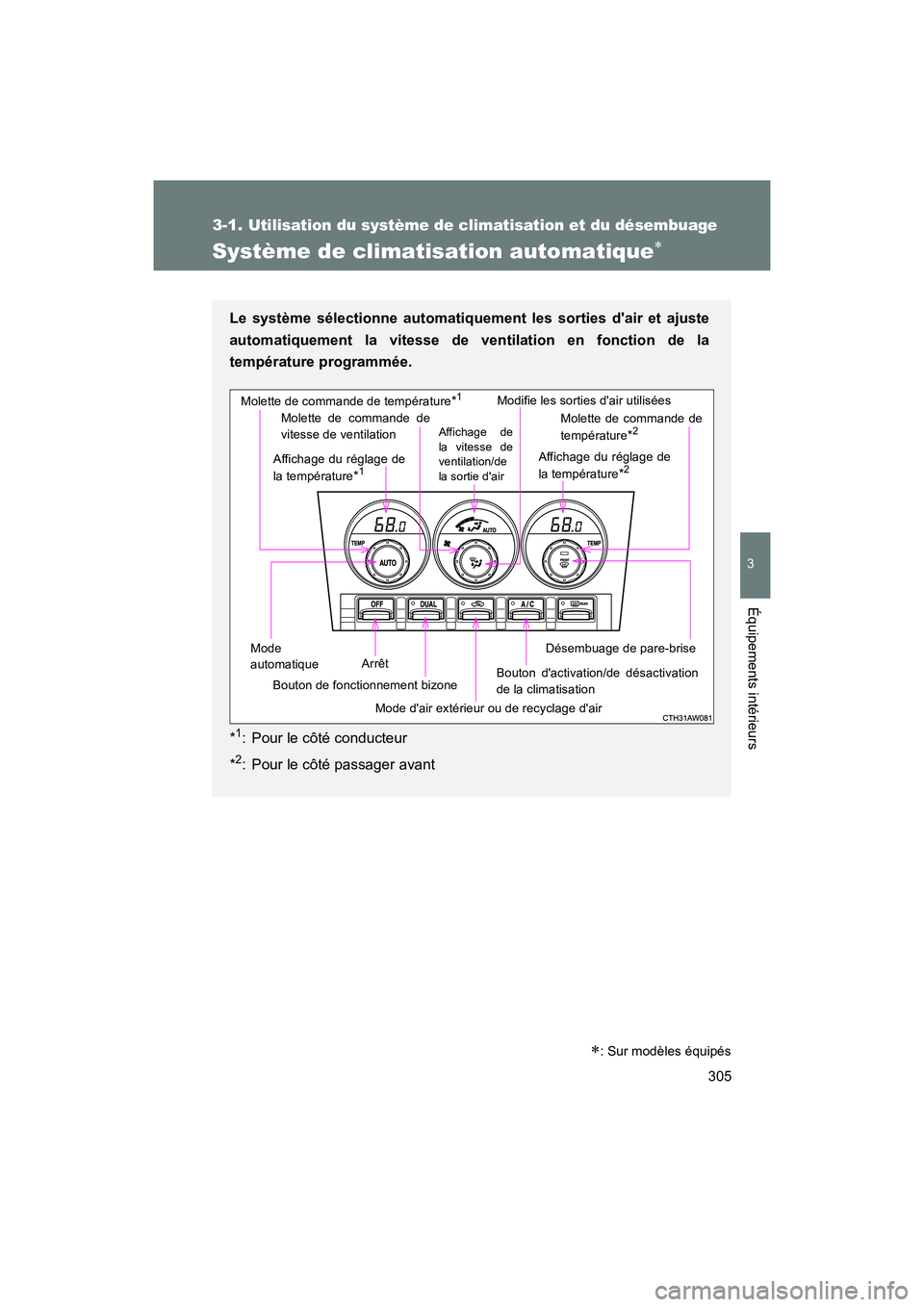 TOYOTA 86 2018  Manuel du propriétaire (in French) 305
3-1. Utilisation du système de climatisation et du désembuage
3
Équipements intérieurs
86_D (OM18086D)
Système de climatisation automatique
: Sur modèles équipés
Le système sélecti