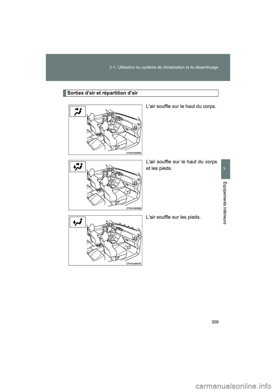 TOYOTA 86 2018  Manuel du propriétaire (in French) 309
3-1. 
Utilisation du système de climatisation et du désembuage
3
Équipements intérieurs
86_D (OM18086D)
Sorties dair et répartition dair
Lair souffle sur le haut du corps.
Lair souffle su
