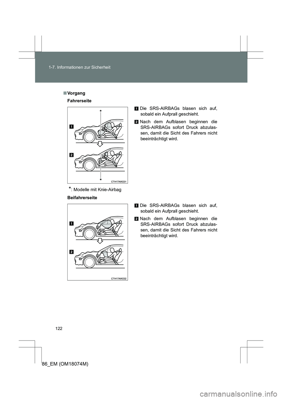 TOYOTA 86 2017  Betriebsanleitungen (in German) 122
1-7. Informationen zur Sicherheit
86_EM (OM18074M)
■
Vo r g a n g
Fahrerseite
*: Modelle mit Knie-Airbag
Beifahrerseite Die SRS-AIRBAGs blasen sich auf,
sobald ein Aufprall geschieht.
Nach dem A