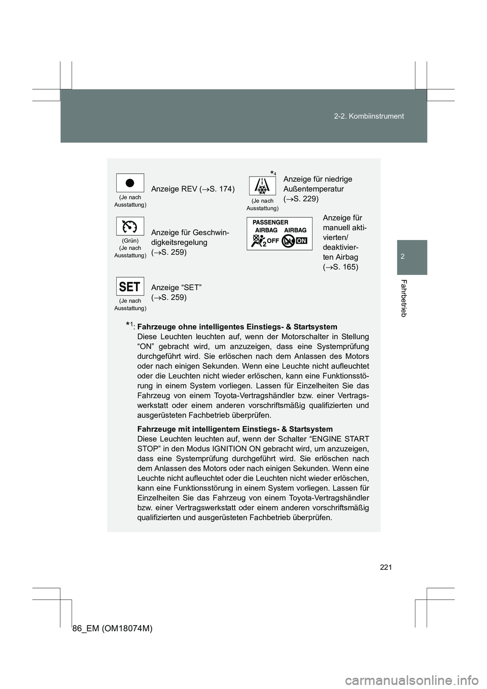 TOYOTA 86 2017 Betriebsanleitungen (in German) 221
2-2. Kombiinstrument
2
Fahrbetrieb
86_EM (OM18074M)
*1:
Fahrzeuge ohne intelligentes Einstiegs- & Startsystem
Diese Leuchten leuchten auf, wenn der Motorschalter in Stellung
“ON” gebracht wi TOYOTA 86 2017 Betriebsanleitungen (in German) 221
2-2. Kombiinstrument
2
Fahrbetrieb
86_EM (OM18074M)
*1:
Fahrzeuge ohne intelligentes Einstiegs- & Startsystem
Diese Leuchten leuchten auf, wenn der Motorschalter in Stellung
“ON” gebracht wi