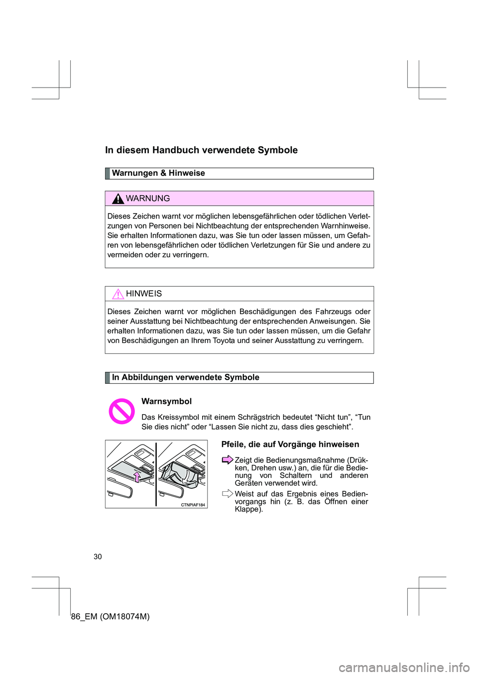 TOYOTA 86 2017 Betriebsanleitungen (in German) 86_EM (OM18074M)
30
In diesem Handbuch verwendete Symbole
Warnungen & Hinweise
In Abbildungen verwendete Symbole
WARNUNG
Dieses Zeichen warnt vor möglichen lebensgefährlichen oder tödlichen Verlet TOYOTA 86 2017 Betriebsanleitungen (in German) 86_EM (OM18074M)
30
In diesem Handbuch verwendete Symbole
Warnungen & Hinweise
In Abbildungen verwendete Symbole
WARNUNG
Dieses Zeichen warnt vor möglichen lebensgefährlichen oder tödlichen Verlet