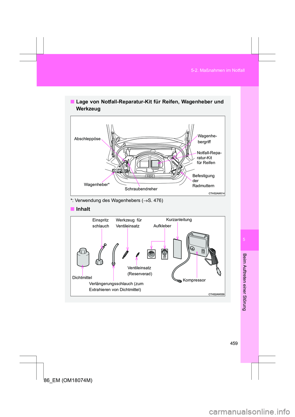 TOYOTA 86 2017  Betriebsanleitungen (in German) 5
459
5-2. Maßnahmen im Notfall
Beim Auftreten einer Störung
86_EM (OM18074M)
■
Lage von Notfall-Reparatur-Kit für Reifen, Wagenheber und
Werkzeug
*: Verwendung des Wagenhebers ( →S. 476)
■ I