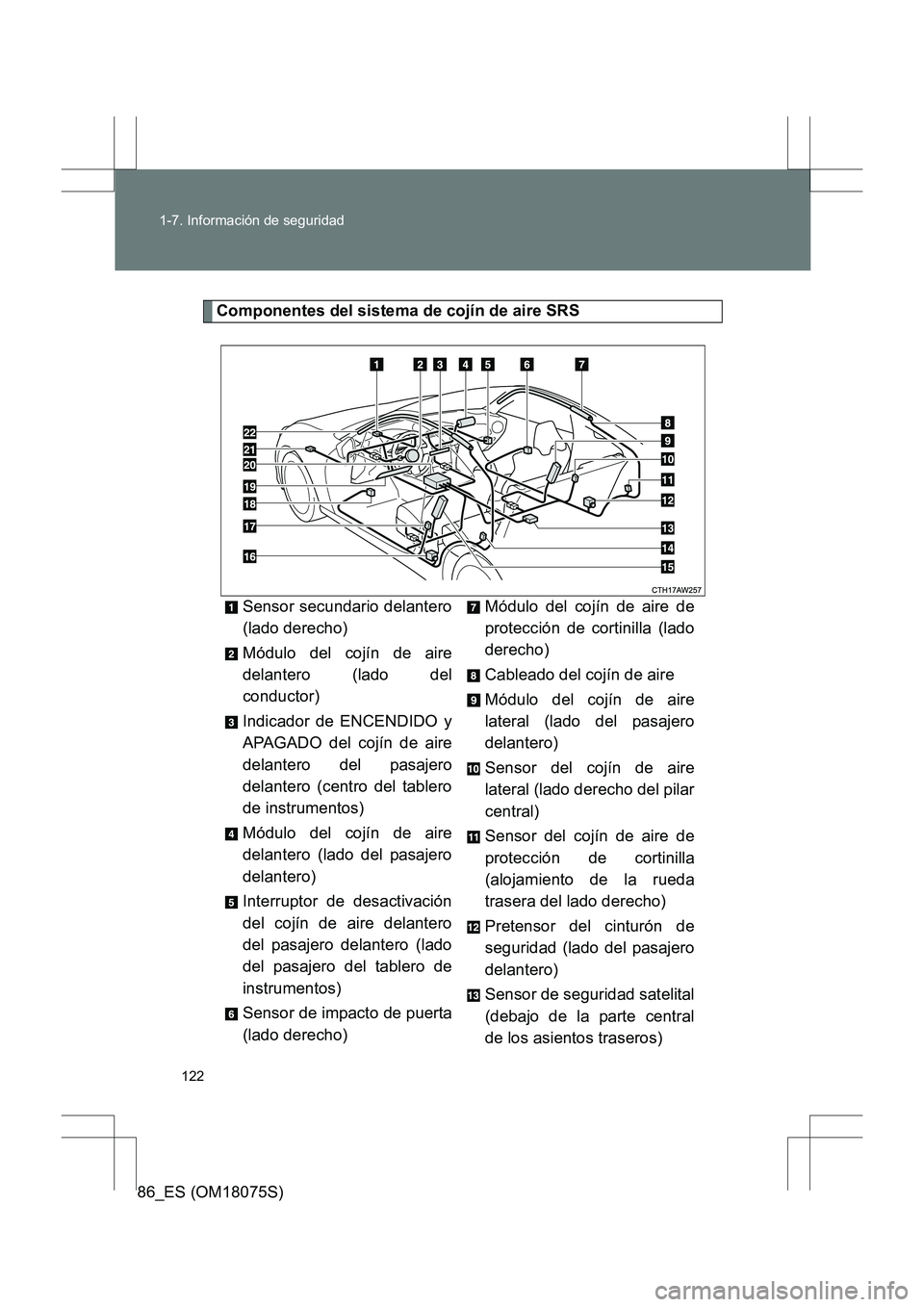TOYOTA 86 2017  Manual del propietario (in Spanish) 122
1-7. Información de seguridad
86_ES (OM18075S)
Componentes del sistema de cojín de aire SRS
Sensor secundario delantero
(lado derecho)
Módulo del cojín de aire
delantero (lado del
conductor)
I