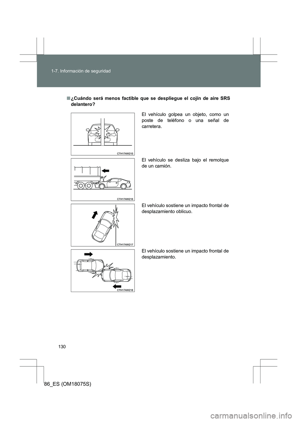 TOYOTA 86 2017  Manual del propietario (in Spanish) 130
1-7. Información de seguridad
86_ES (OM18075S)
■
¿Cuándo será menos factible que se despliegue el cojín de aire SRS
delantero?
El vehículo golpea un objeto, como un
poste de teléfono o un