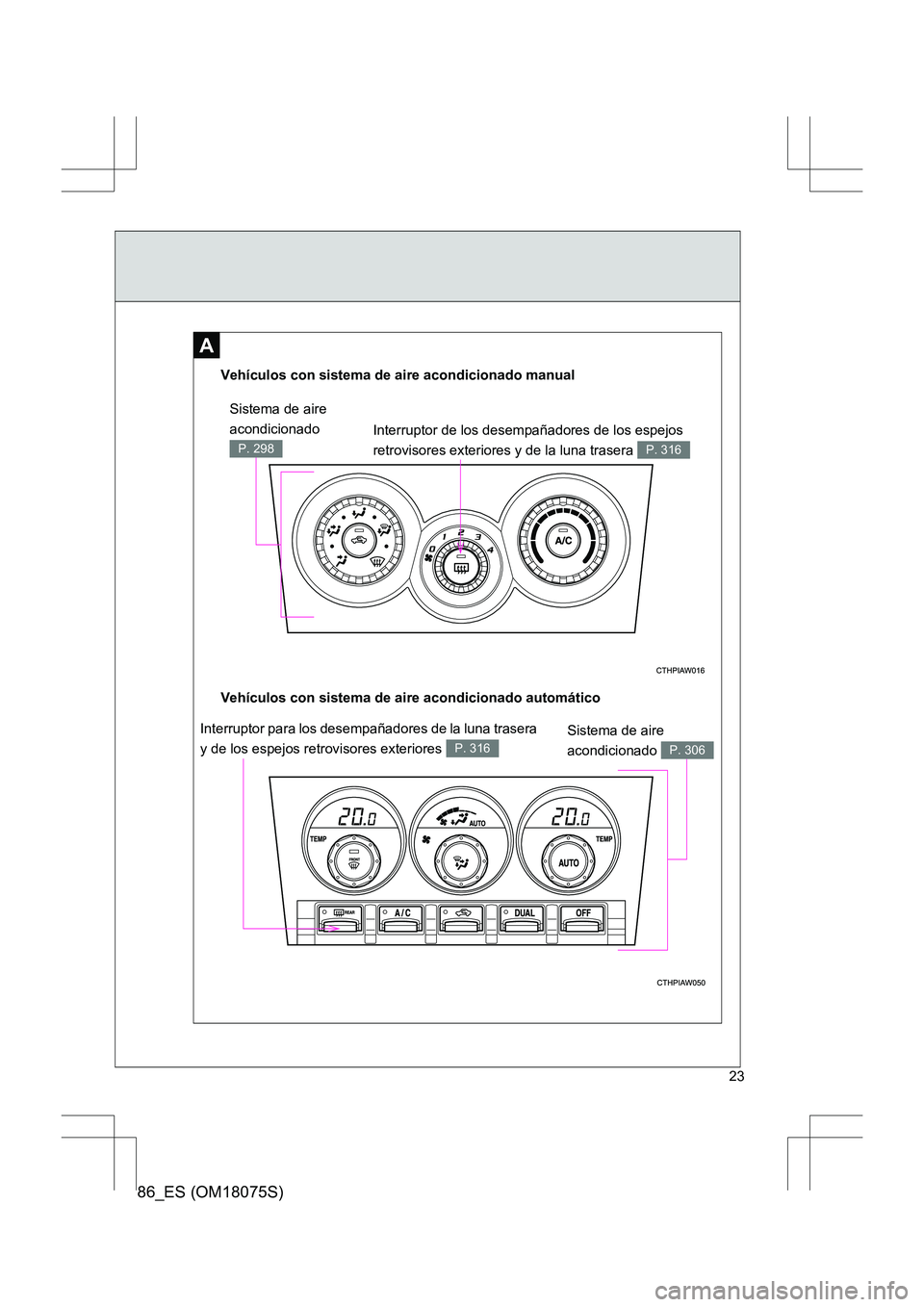 TOYOTA 86 2017  Manual del propietario (in Spanish) 86_ES (OM18075S)
23
A
Interruptor de los desempañadores de los espejos 
retrovisores exteriores y de la luna trasera 
P. 316
Vehículos con sistema de aire acondicionado automático Vehículos con si