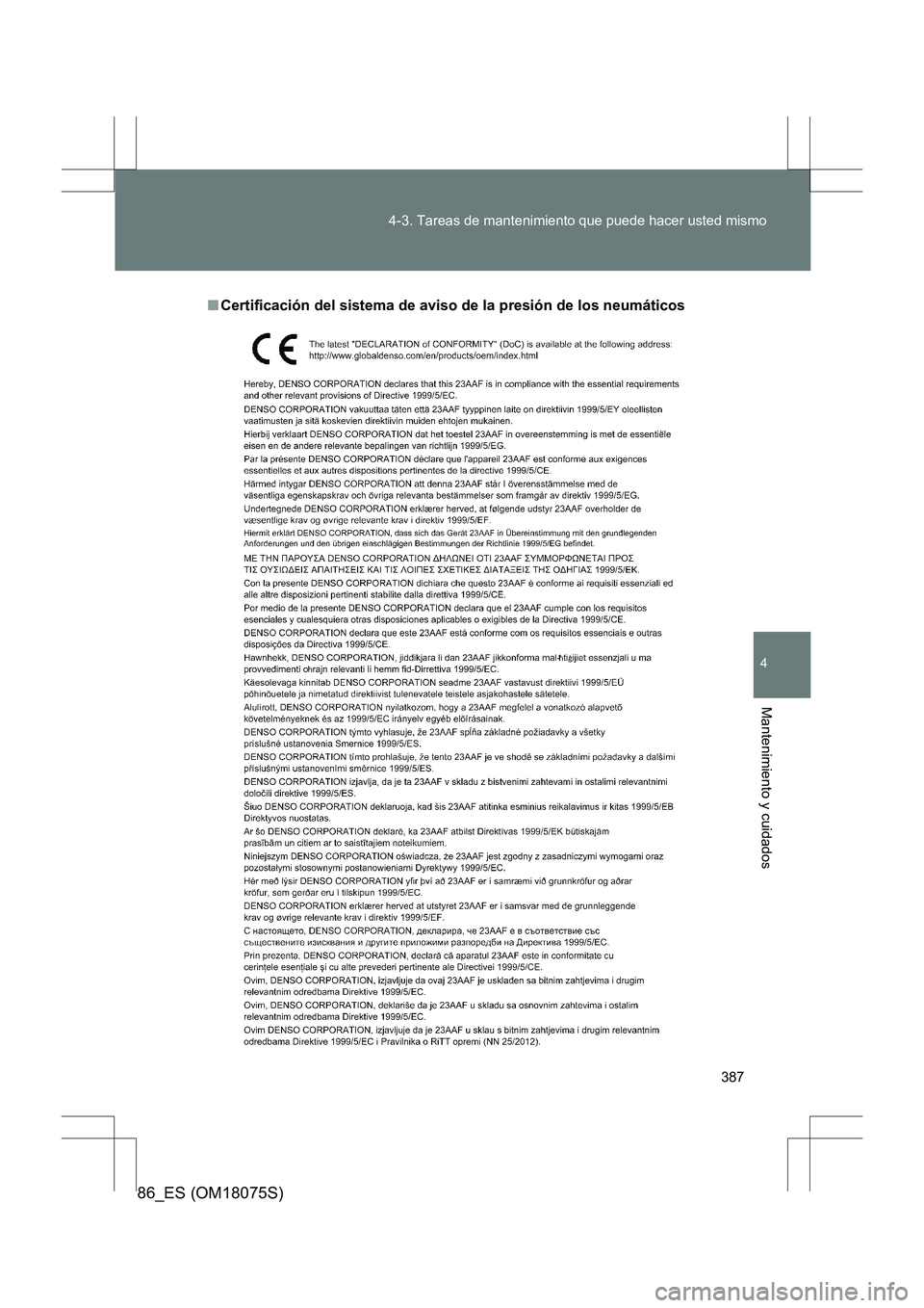 TOYOTA 86 2017  Manual del propietario (in Spanish) 387
4-3. Tareas de mantenimiento que puede hacer usted mismo
4
Mantenimiento y cuidados
86_ES (OM18075S)
■
Certificación del sistema de aviso de la presión de los neumáticos 
