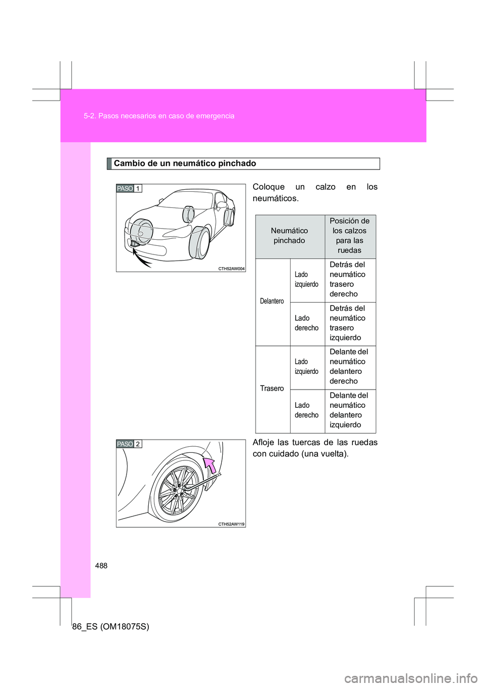 TOYOTA 86 2017  Manual del propietario (in Spanish) 488
5-2. Pasos necesarios en caso de emergencia
86_ES (OM18075S)
Cambio de un neumático pinchado
Coloque un calzo en los
neumáticos.
Afloje las tuercas de las ruedas
con cuidado (una vuelta).
1 PASO