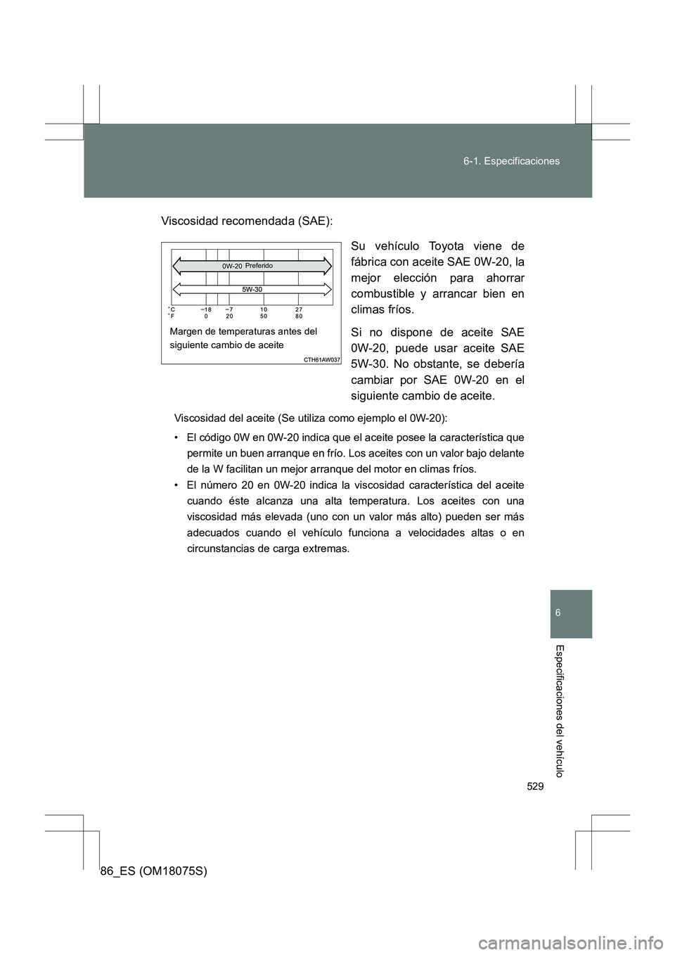 TOYOTA 86 2017 Manual del propietario (in Spanish) 529
6-1. Especificaciones
6
Especificaciones del vehículo
86_ES (OM18075S)
Viscosidad recomendada (SAE):
Su vehículo Toyota viene de
fábrica con aceite SAE 0W-20, la
mejor elección para ahorrar
co TOYOTA 86 2017 Manual del propietario (in Spanish) 529
6-1. Especificaciones
6
Especificaciones del vehículo
86_ES (OM18075S)
Viscosidad recomendada (SAE):
Su vehículo Toyota viene de
fábrica con aceite SAE 0W-20, la
mejor elección para ahorrar
co