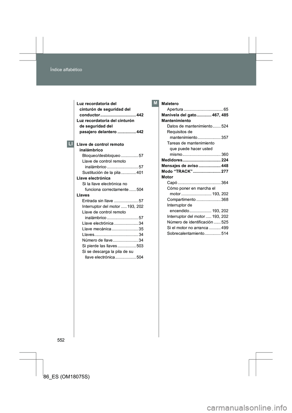 TOYOTA 86 2017 Manual del propietario (in Spanish) 552
Índice alfabético
86_ES (OM18075S)
Luz recordatoria del
cinturón de seguridad del
conductor............................... 442
Luz recordatoria del cinturón de seguridad del
pasajero delan TOYOTA 86 2017 Manual del propietario (in Spanish) 552
Índice alfabético
86_ES (OM18075S)
Luz recordatoria del
cinturón de seguridad del
conductor............................... 442
Luz recordatoria del cinturón de seguridad del
pasajero delan