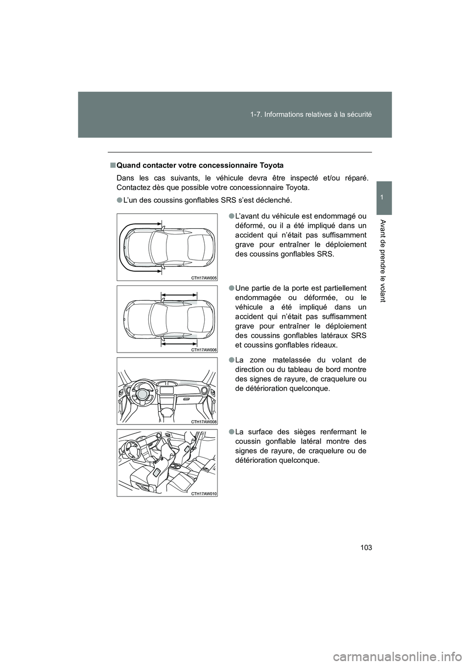 TOYOTA 86 2017 Manuel du propriétaire (in French) 103
1-7. Informations relatives à la sécurité
1
Avant de prendre le volant
86_D_(OM18069D)
■
Quand contacter votre concessionnaire Toyota
Dans les cas suivants, le véhicule devra être inspecté TOYOTA 86 2017 Manuel du propriétaire (in French) 103
1-7. Informations relatives à la sécurité
1
Avant de prendre le volant
86_D_(OM18069D)
■
Quand contacter votre concessionnaire Toyota
Dans les cas suivants, le véhicule devra être inspecté