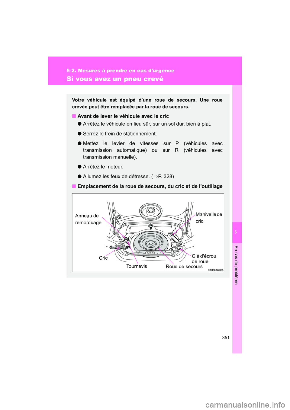 TOYOTA 86 2017  Manuel du propriétaire (in French) 5
En cas de problème
351
5-2. Mesures à prendre en cas durgence
86_D_(OM18069D)
Si vous avez un pneu crevé
Votre véhicule est équipé dune roue de secours. Une roue
crevée peut être remplacé