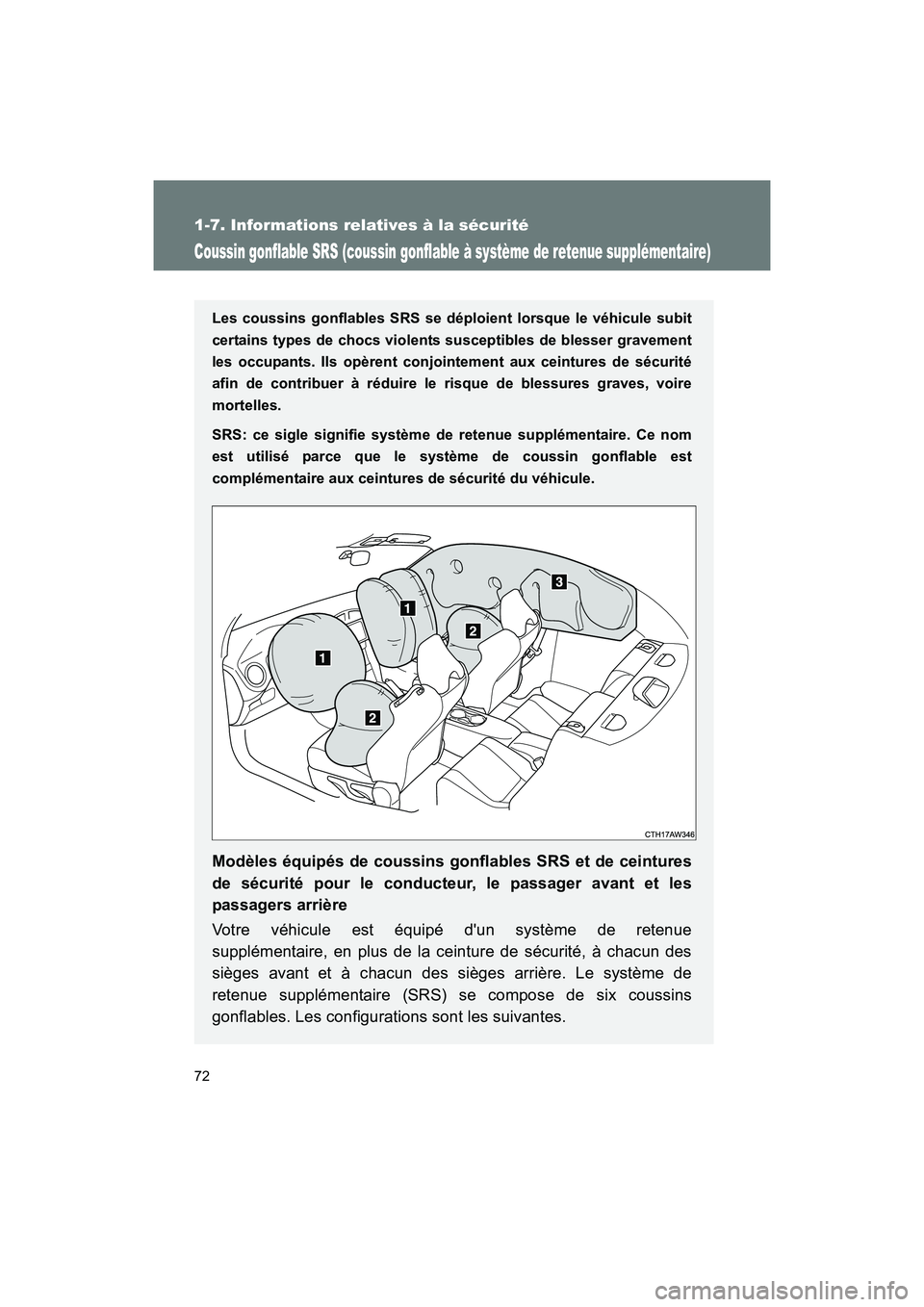 TOYOTA 86 2017 Manuel du propriétaire (in French) 72
1-7. Informations relatives à la sécurité
86_D_(OM18069D)
Coussin gonflable SRS (coussin gonflable à système de retenue supplémentaire)
Les coussins gonflables SRS se déploient lorsque le v TOYOTA 86 2017 Manuel du propriétaire (in French) 72
1-7. Informations relatives à la sécurité
86_D_(OM18069D)
Coussin gonflable SRS (coussin gonflable à système de retenue supplémentaire)
Les coussins gonflables SRS se déploient lorsque le v