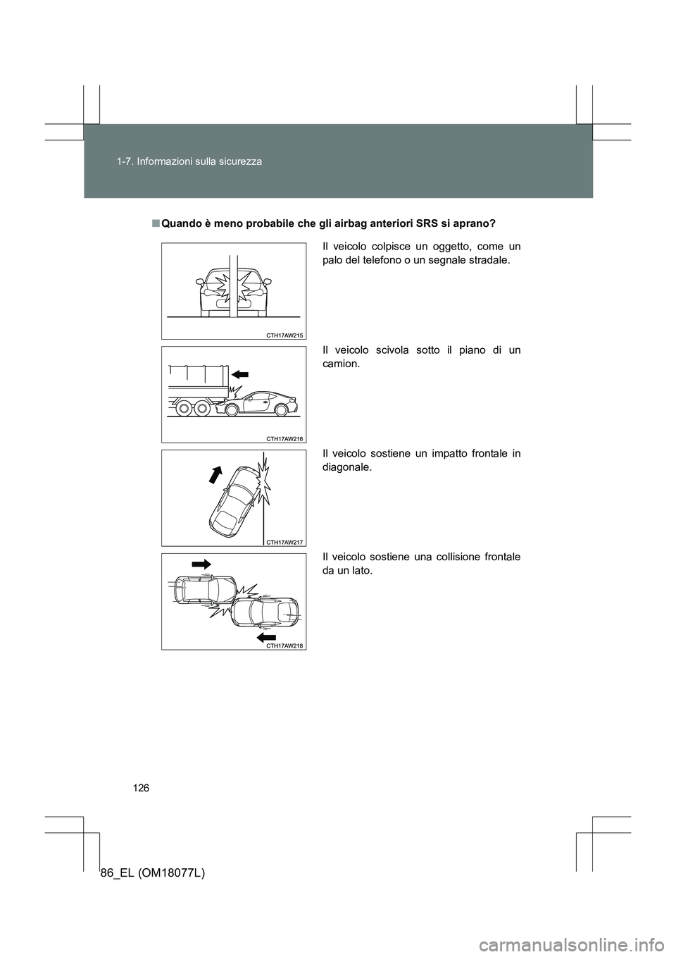 TOYOTA 86 2017  Manuale duso (in Italian) 126
1-7. Informazioni sulla sicurezza
86_EL (OM18077L)
■
Quando è meno probabile che gli airbag anteriori SRS si aprano?
Il veicolo colpisce un oggetto, come un
palo del telefono o un segnale strad