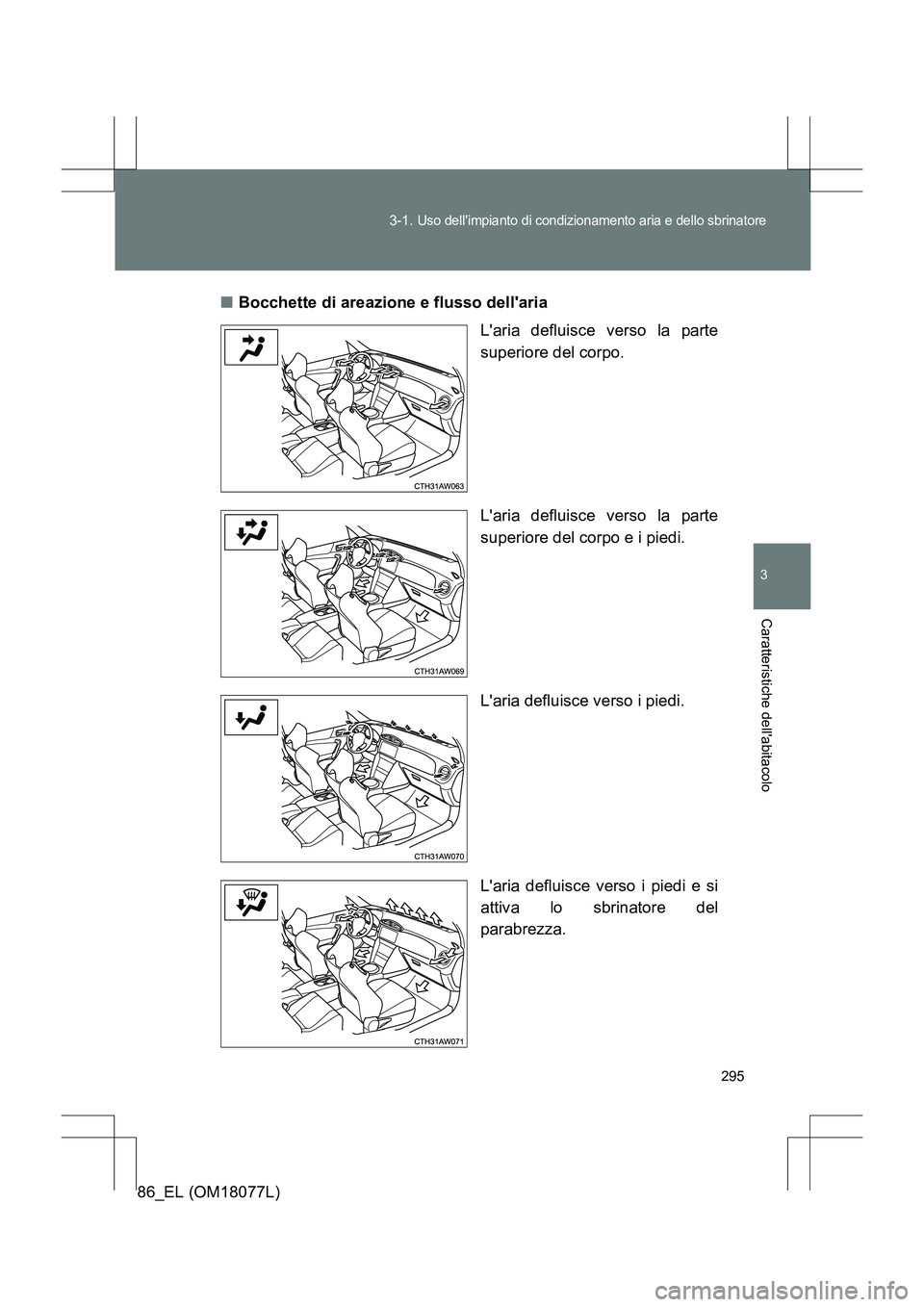 TOYOTA 86 2017  Manuale duso (in Italian) 295
3-1. 
Uso dellimpianto di condizionamento aria e dello sbrinatore
3
Caratteristiche dellabitacolo
86_EL (OM18077L)
■
Bocchette di areazione e flusso dellaria
Laria defluisce verso la parte
s