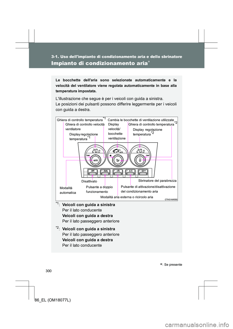 TOYOTA 86 2017  Manuale duso (in Italian) 300
3-1. Uso dellimpianto di condizionamento aria e dello sbrinatore
86_EL (OM18077L)
Impianto di condizionamento aria∗
Le bocchette dellaria sono selezionate automaticamente e la
velocità del ve