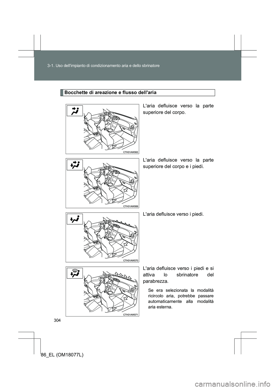 TOYOTA 86 2017  Manuale duso (in Italian) 304
3-1. 
Uso dellimpianto di condizionamento aria e dello sbrinatore
86_EL (OM18077L)
Bocchette di areazione e flusso dellaria
Laria defluisce verso la parte
superiore del corpo.
Laria defluisce 