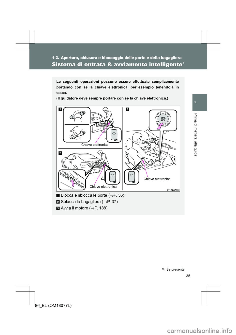 TOYOTA 86 2017  Manuale duso (in Italian) 35
1
Prima di mettersi alla guida
86_EL (OM18077L)
1-2. Apertura, chiusura e bloccaggio delle porte e della bagagliera
Sistema di entrata & avviamento intelligente∗
Le seguenti operazioni possono es