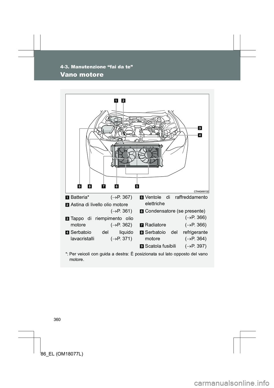 TOYOTA 86 2017  Manuale duso (in Italian) 360
4-3. Manutenzione “fai da te”
86_EL (OM18077L)
Vano motore
*: Per veicoli con guida a destra: È posizionata sul lato opposto del vanomotore.
Batteria* ( →P. 367)
Astina di livello olio moto