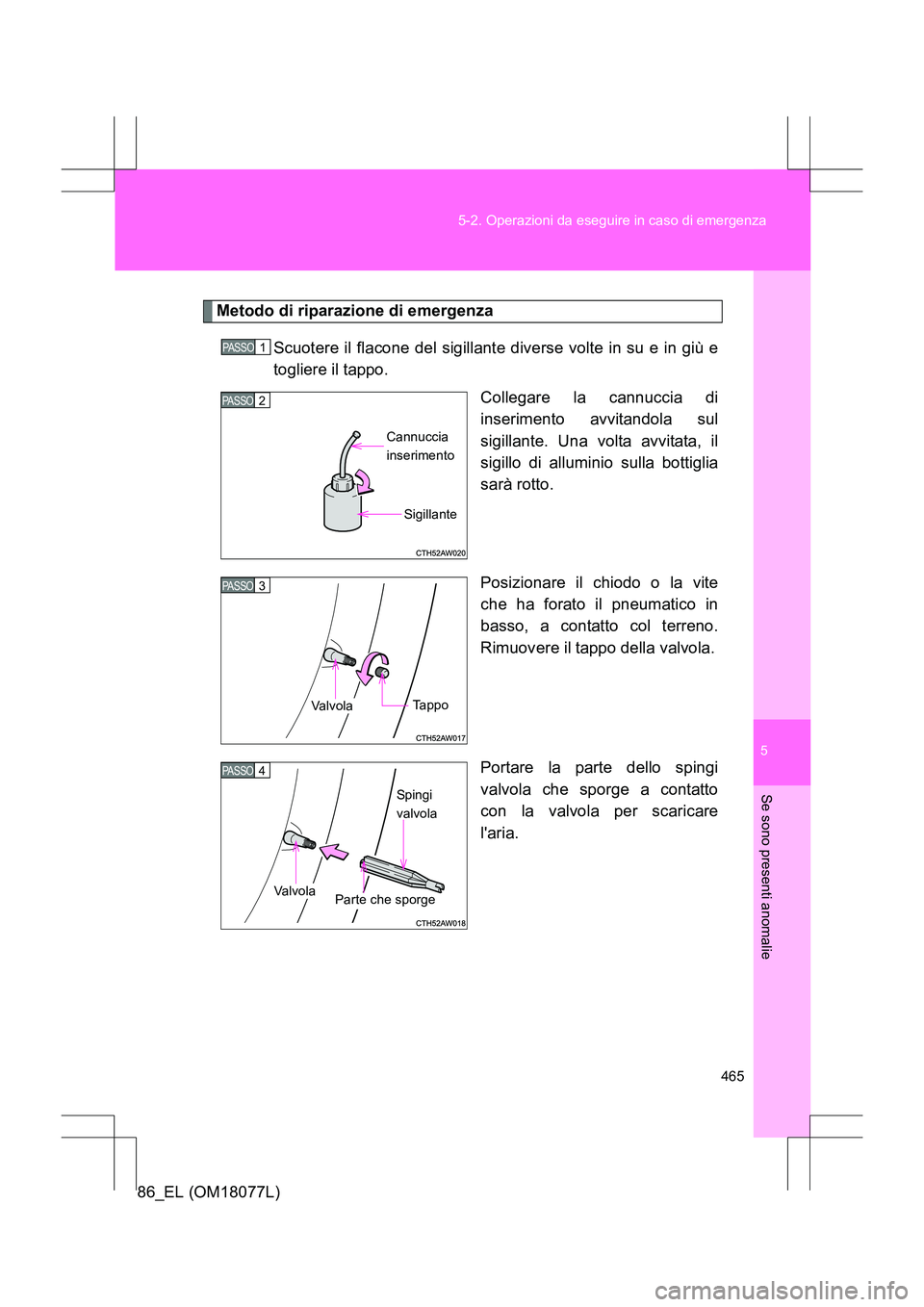 TOYOTA 86 2017  Manuale duso (in Italian) 5
465
5-2. Operazioni da eseguire in caso di emergenza
Se sono presenti anomalie
86_EL (OM18077L)
Metodo di riparazione di emergenza
Scuotere il flacone del sigillante diverse volte in su e in giù e
