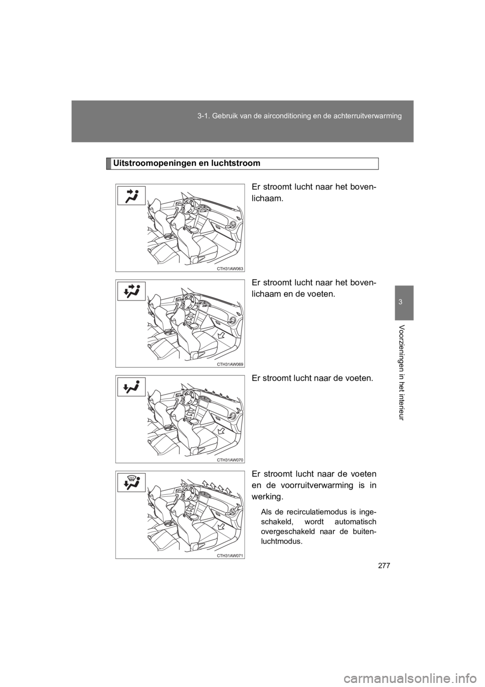 TOYOTA 86 2017  Instructieboekje (in Dutch) 277
3-1. Gebruik van de airconditioning en de achterruitverwarming
3
Voorzieningen in het interieur
86_EE (OM18071E)
Uitstroomopeningen en luchtstroom
Er  stroomt  lucht  naar  het  boven-
lichaam.
Er
