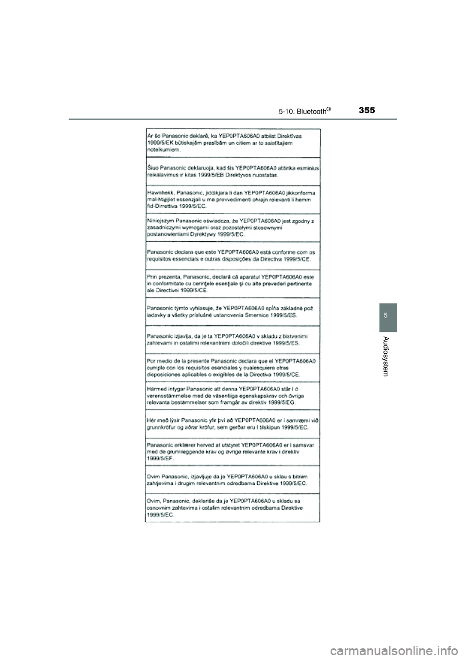 TOYOTA AURIS HYBRID 2015  Brugsanvisning (in Danish) 3555-10. Bluetooth®
OM12J68DK
5
Audiosystem
OM12J68DK.book  Page 355  Saturday, May 30, 2015  2:06 PM 