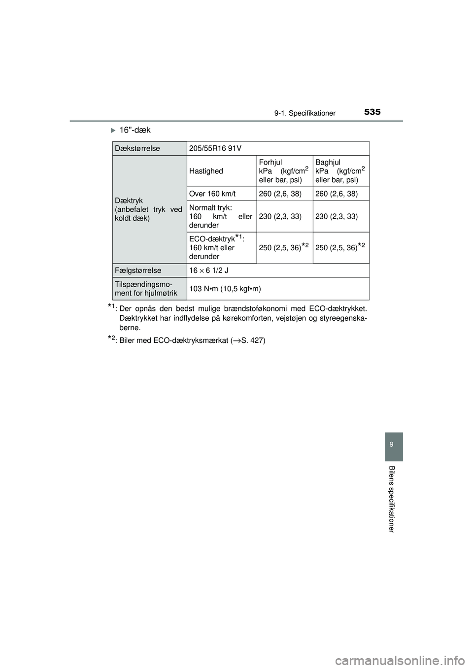 TOYOTA AURIS HYBRID 2015  Brugsanvisning (in Danish) 5359-1. Specifikationer
OM12J68DK
9
Bilens specifikationer
�X16"-dæk
*1: Der opnås den bedst mulige brændstoføkonomi med ECO-dæktrykket.Dæktrykket har indflydelse på kørekomforten, vejstøjen 