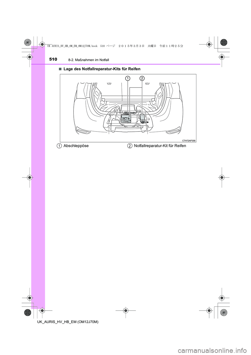 TOYOTA AURIS HYBRID 2015  Betriebsanleitungen (in German) 5108-2. Maßnahmen im Notfall
UK_AURIS_HV_HB_EM (OM12J70M)■
Lage des Notfallreparatur-Kits für Reifen
Abschleppöse Notfallreparatur-Kit für Reifen12
UK AURIS_HV_HB_OM_EM_OM12J70M.book  510 ペー