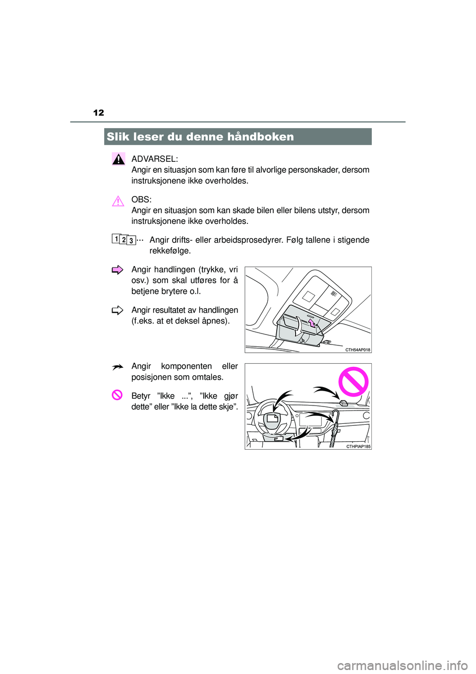 TOYOTA AURIS HYBRID 2015  Instruksjoner for bruk (in Norwegian) 12
OM12J68NO
ADVARSEL: 
Angir en situasjon som kan føre til alvorlige personskader, dersom
instruksjonene ikke overholdes.
OBS: 
Angir en situasjon som kan skade bilen eller bilens utstyr, dersom
ins