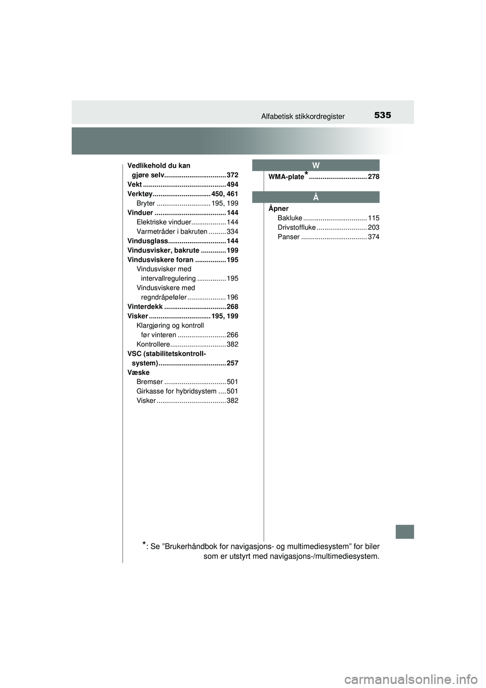 TOYOTA AURIS HYBRID 2015  Instruksjoner for bruk (in Norwegian) 535Alfabetisk stikkordregister
OM12J68NO
Vedlikehold du kan gjøre selv................................ 372
Vekt ........................................... 494
Verktøy.............................. 