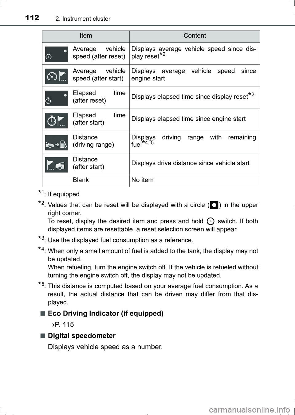 TOYOTA AURIS TOURING SPORTS 2017 Owners Manual 1122. Instrument cluster
AURIS Touring Sports_EE (12L13E)
*1: If equipped
*2: Values that can be reset will be displayed with a circle ( ) in the upper
right corner.
To reset, display the desired ite TOYOTA AURIS TOURING SPORTS 2017 Owners Manual 1122. Instrument cluster
AURIS Touring Sports_EE (12L13E)
*1: If equipped
*2: Values that can be reset will be displayed with a circle ( ) in the upper
right corner.
To reset, display the desired ite