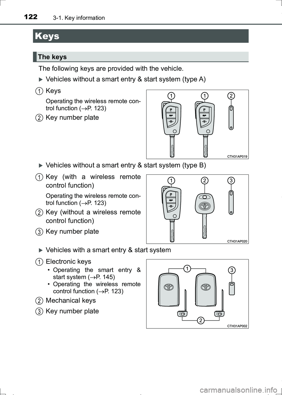 TOYOTA AURIS TOURING SPORTS 2017  Owners Manual 122
AURIS Touring Sports_EE (12L13E)
3-1. Key information
The following keys are provided with the vehicle.
Vehicles without a smart entry & start system (type A)
Keys
Operating the wireless remote
