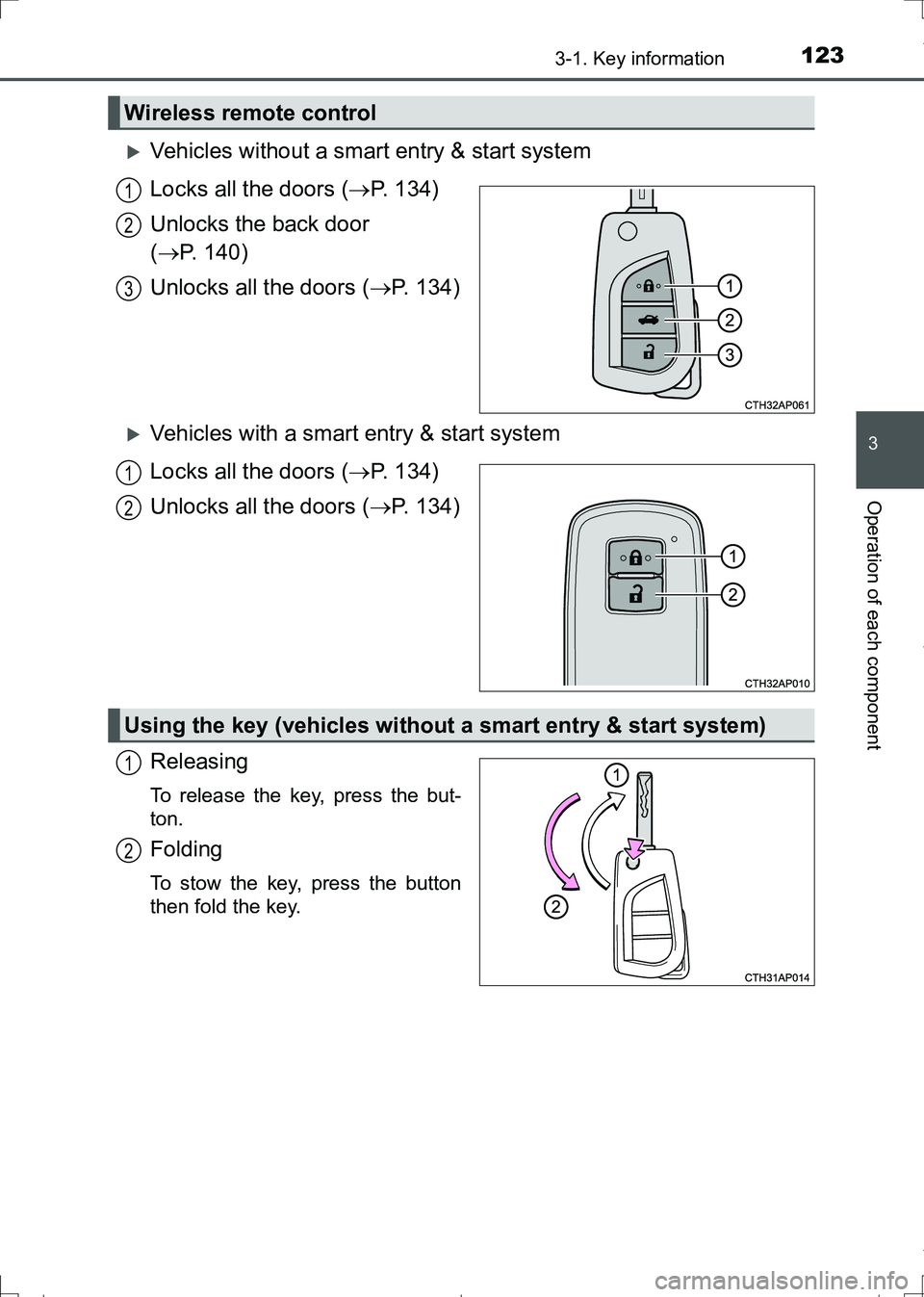 TOYOTA AURIS TOURING SPORTS 2017  Owners Manual 1233-1. Key information
AURIS Touring Sports_EE (12L13E)
3
Operation of each component
Vehicles without a smart entry & start system
Locks all the doors (P. 134)
Unlocks the back door 
(P. 14