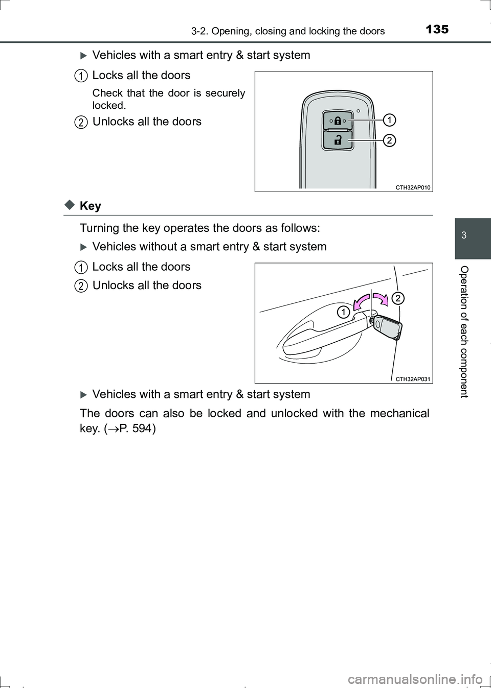 TOYOTA AURIS TOURING SPORTS 2017  Owners Manual 1353-2. Opening, closing and locking the doors
AURIS Touring Sports_EE (12L13E)
3
Operation of each component
Vehicles with a smart entry & start system
Locks all the doors
Check that the door is s