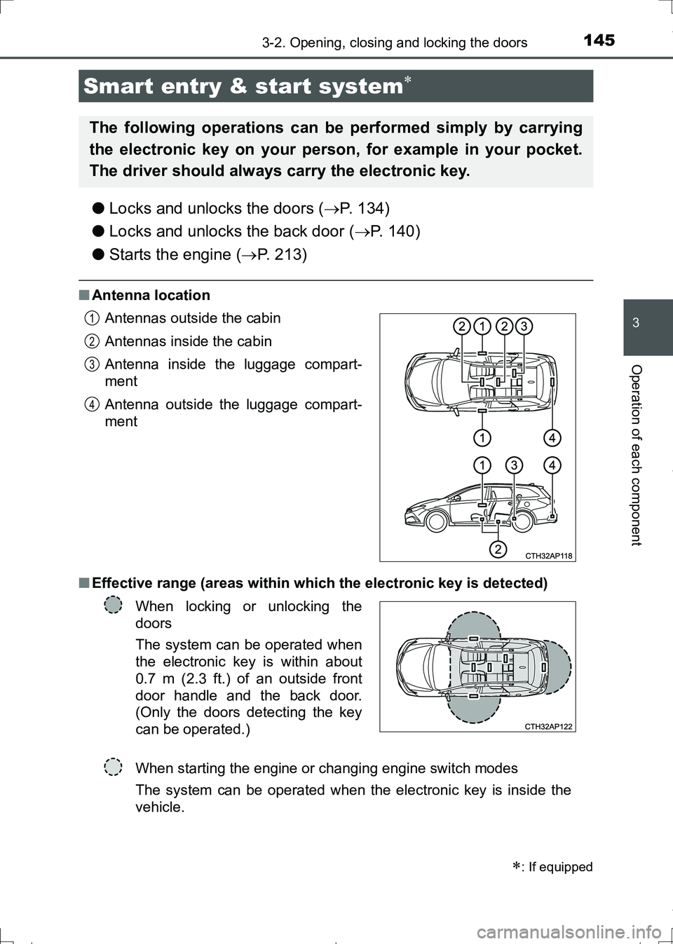 TOYOTA AURIS TOURING SPORTS 2017 Owners Manual 1453-2. Opening, closing and locking the doors
AURIS Touring Sports_EE (12L13E)
3
Operation of each component
●Locks and unlocks the doors (P. 134)
●Locks and unlocks the back door (P. 140)
TOYOTA AURIS TOURING SPORTS 2017 Owners Manual 1453-2. Opening, closing and locking the doors
AURIS Touring Sports_EE (12L13E)
3
Operation of each component
●Locks and unlocks the doors (P. 134)
●Locks and unlocks the back door (P. 140)