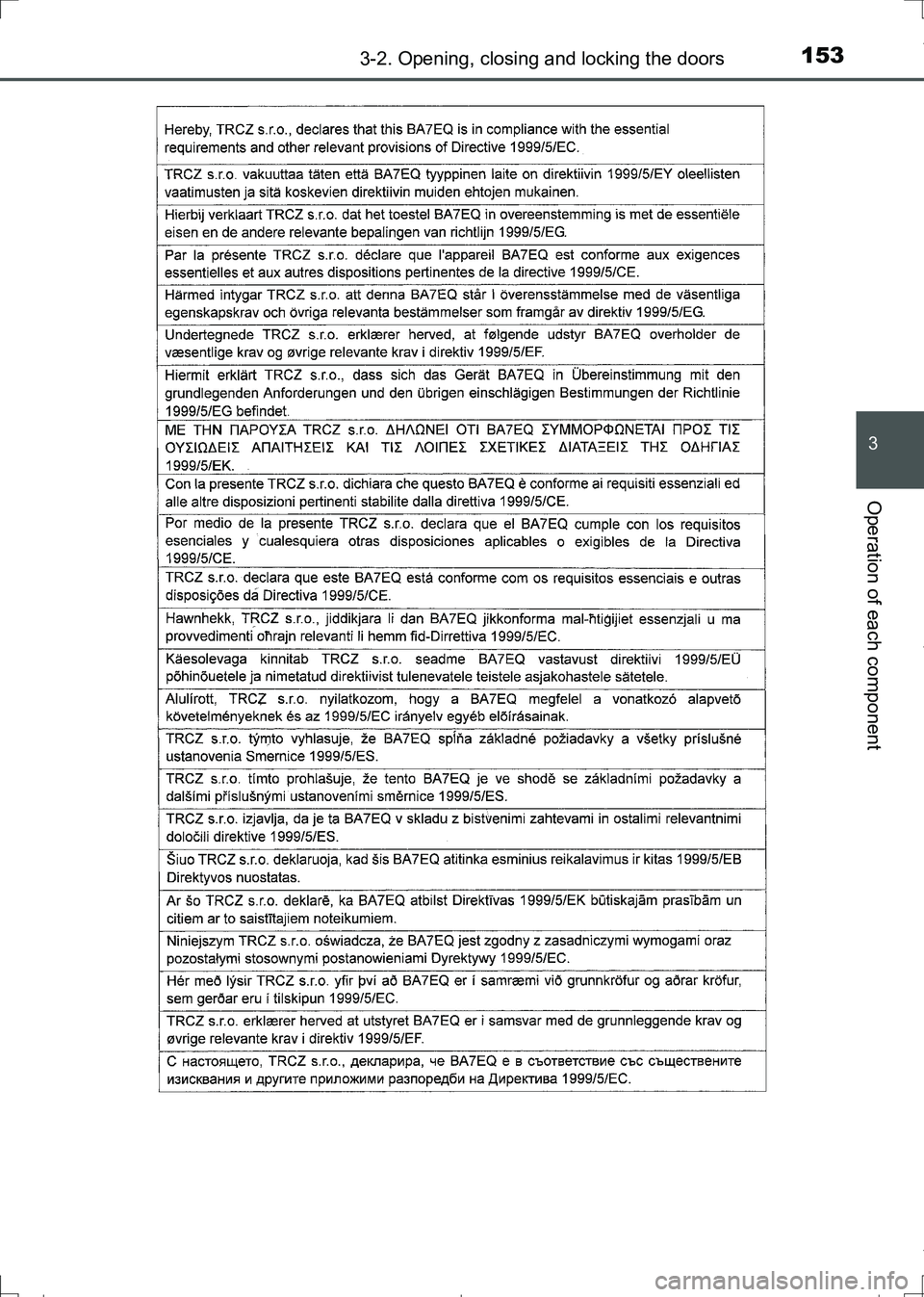TOYOTA AURIS TOURING SPORTS 2017  Owners Manual 1533-2. Opening, closing and locking the doors
AURIS Touring Sports_EE (12L13E)
3
Operation of each component
AURIS Touring Sports_OM_Europe_OM12L13E.book  153 ページ  ２０１６年６月２７