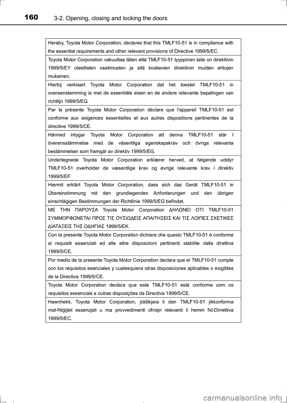 TOYOTA AURIS TOURING SPORTS 2017 Owners Manual 1603-2. Opening, closing and locking the doors
AURIS Touring Sports_EE (12L13E)
Hereby, Toyota Motor Corporation, declares that this TMLF10-51 is in compliance with
the essential requirements and oth TOYOTA AURIS TOURING SPORTS 2017 Owners Manual 1603-2. Opening, closing and locking the doors
AURIS Touring Sports_EE (12L13E)
Hereby, Toyota Motor Corporation, declares that this TMLF10-51 is in compliance with
the essential requirements and oth