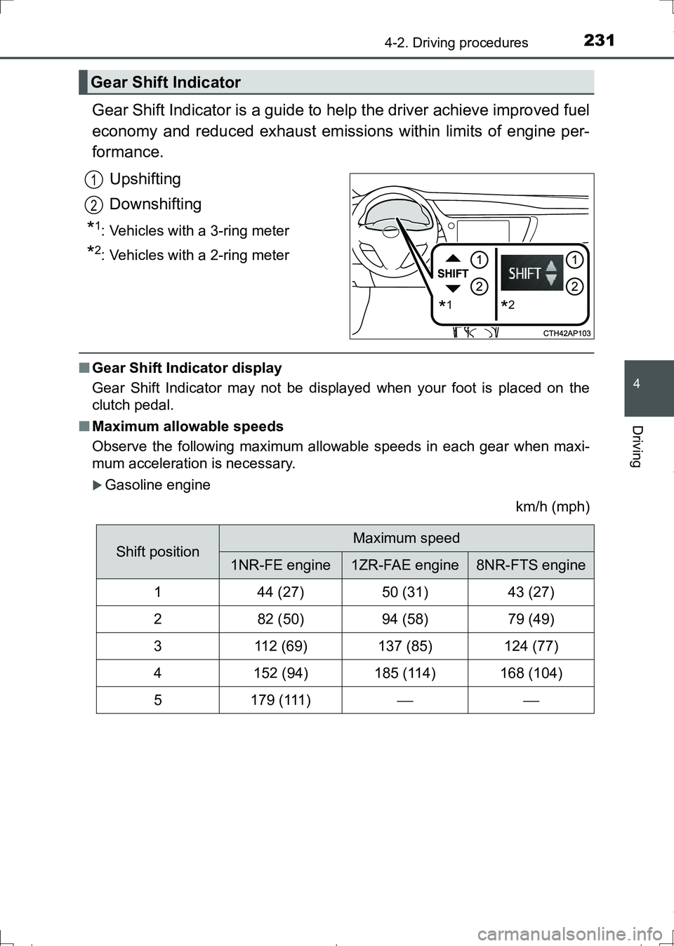 TOYOTA AURIS TOURING SPORTS 2017  Owners Manual 2314-2. Driving procedures
AURIS Touring Sports_EE (12L13E)
4
Driving
Gear Shift Indicator is a guide to help the driver achieve improved fuel
economy and reduced exhaust emissions within limits of en