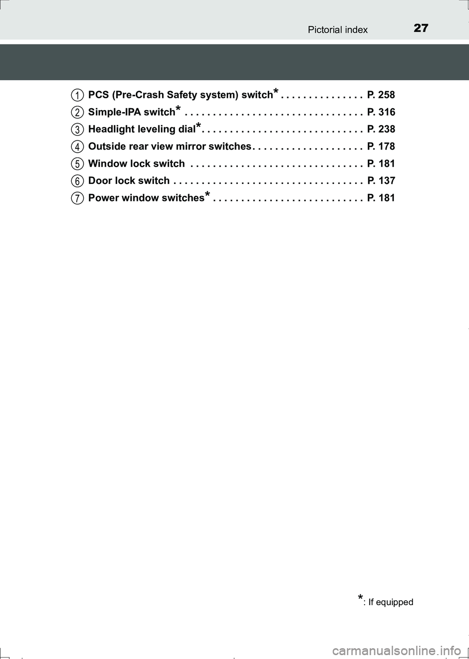 TOYOTA AURIS TOURING SPORTS 2017  Owners Manual 27Pictorial index
AURIS Touring Sports_EE (12L13E)PCS (Pre-Crash Safety system) switch
*. . . . . . . . . . . . . . .  P. 258
Simple-IPA switch
* . . . . . . . . . . . . . . . . . . . . . . . . . . . 